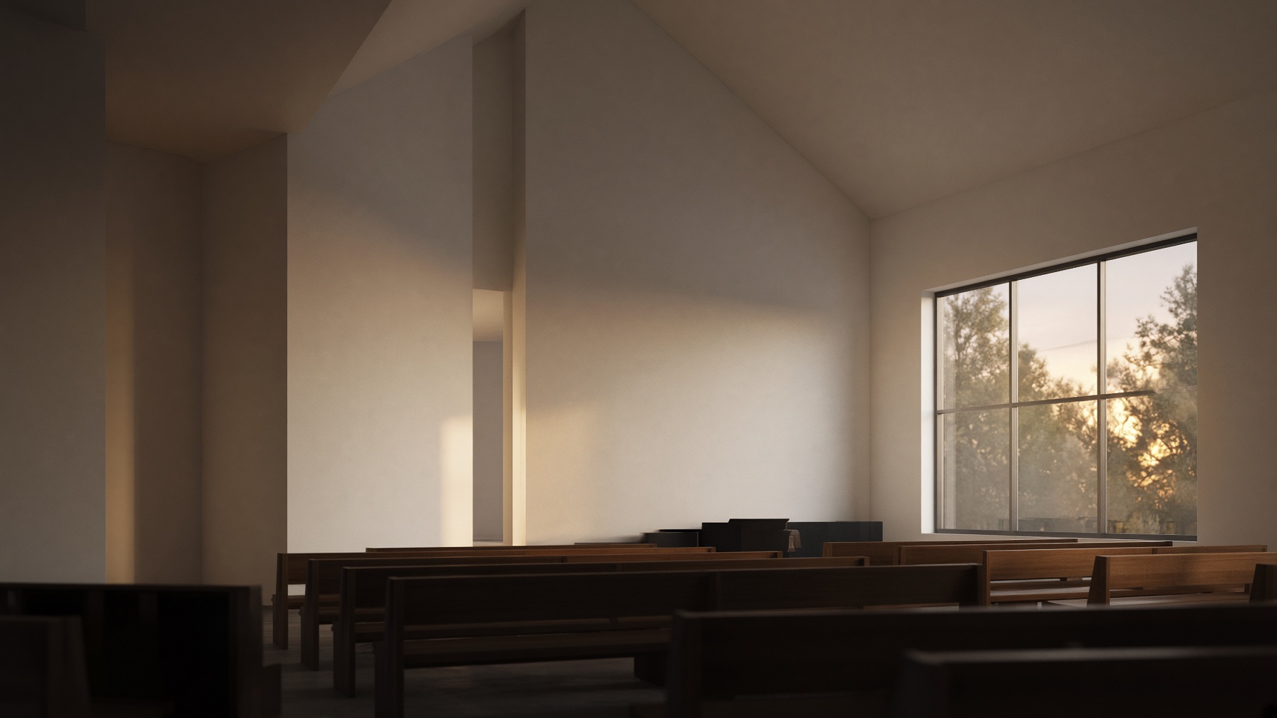 Quiet church sanctuary in warm evening light