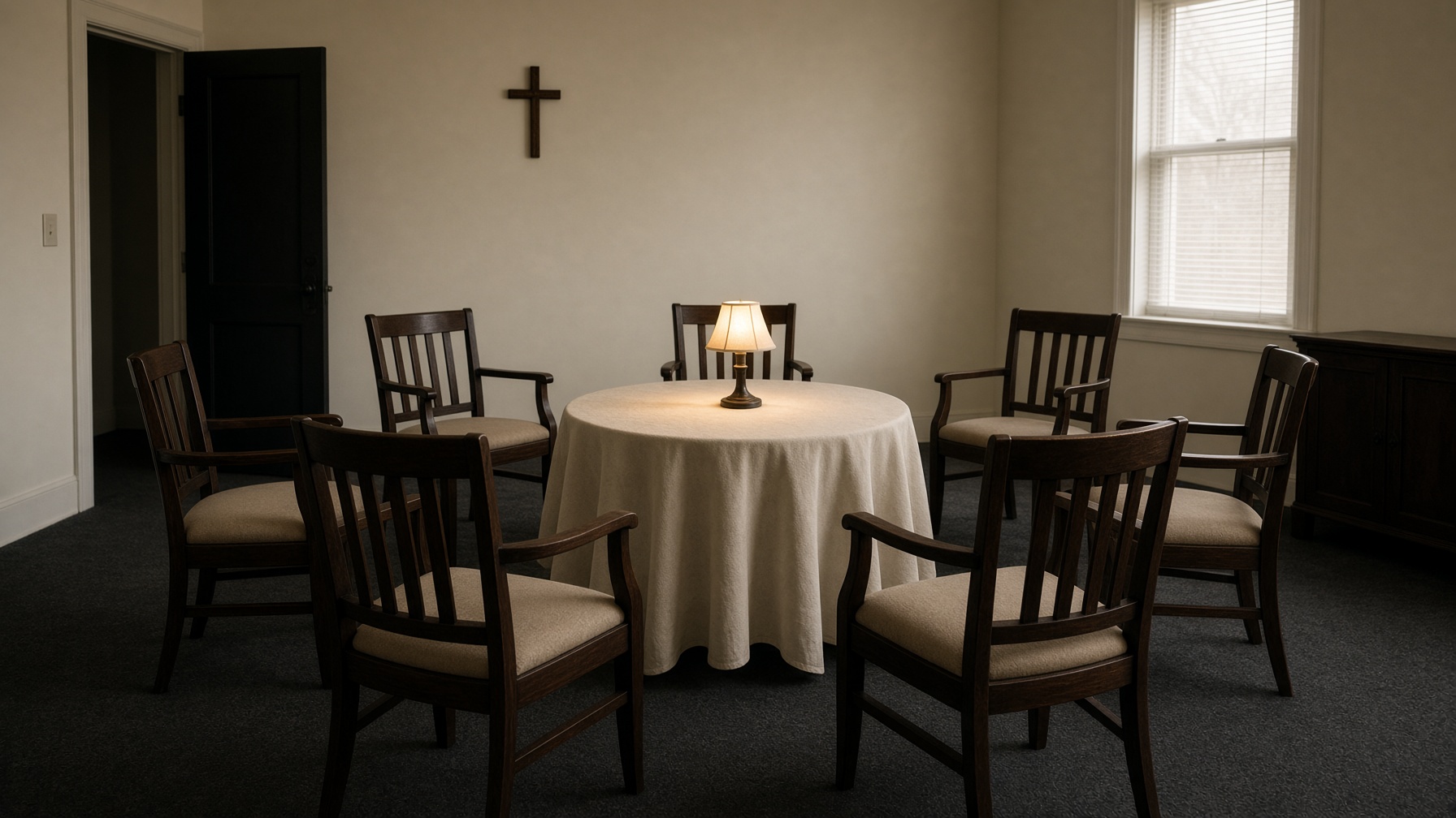 Empty chairs in a quiet circle, prepared for a gathering